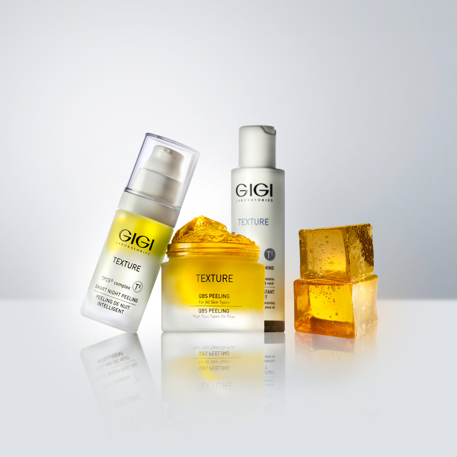 GIGI Texture skincare products with amber gel cubes